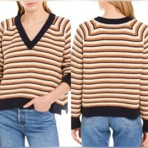 Madewell Women’s Arden V-Neck Cropped 100% Cotton Striped Knit Sweater Sz Large